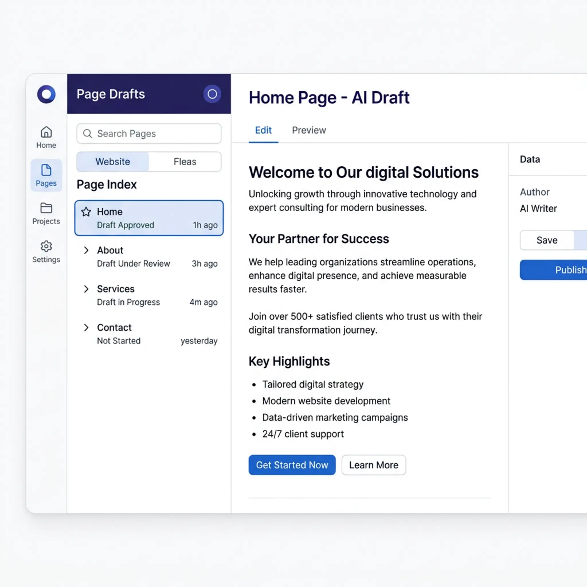 WebMap AI page copy — draft content generated per page from client intake answers