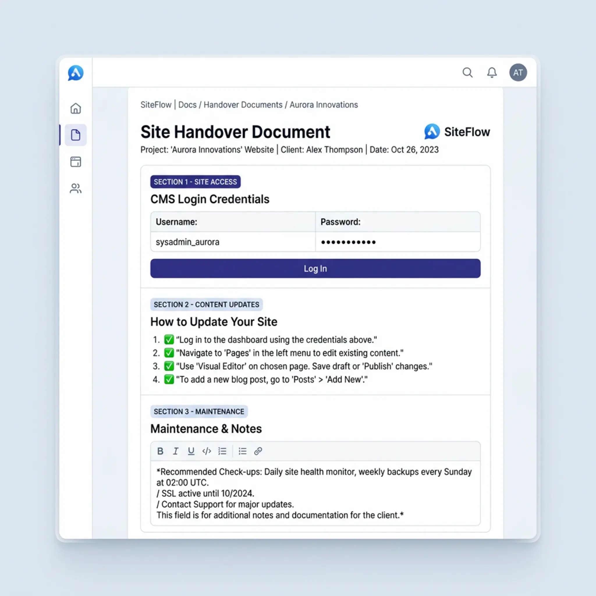 WebMap handover package — post-launch document with credentials and how-to-edit instructions