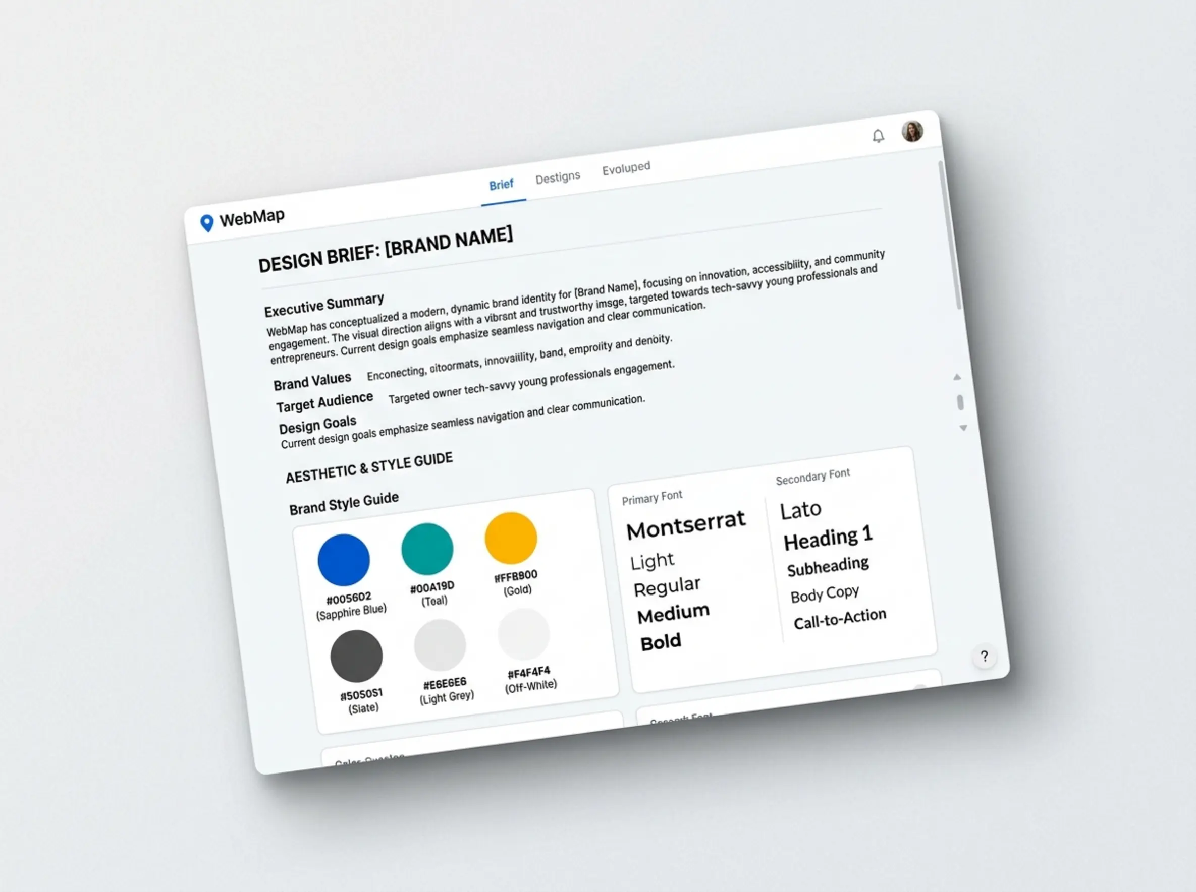 WebMap brief view showing the AI-generated design system with colour palette and typography