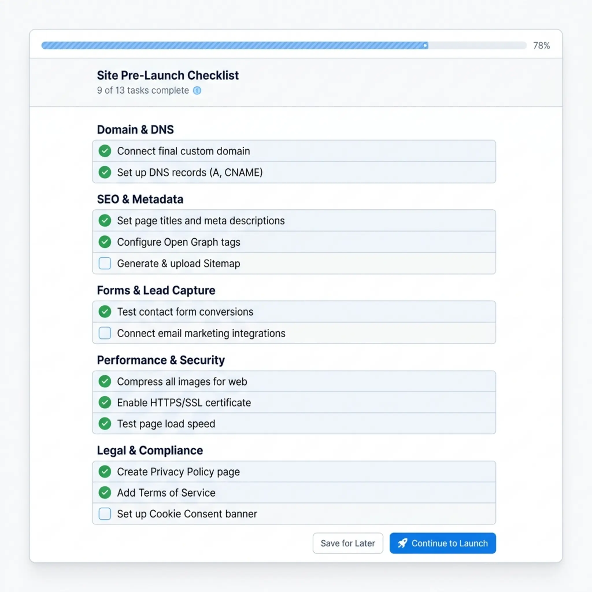 WebMap launch checklist — 30-item pre-launch QA checklist grouped by category